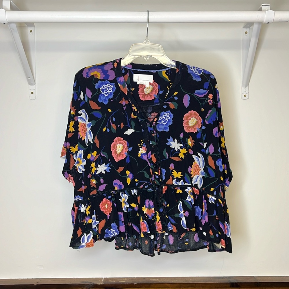 Floral V-Neck Ruffle Peplum Top - Black Multi